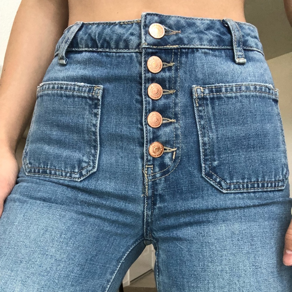 High waisted button fly bell bottom jeans